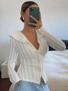 DAZY قميص كاجوال بأكمام طويلة وياقة للنساء من قماش ذو ملمس نسيجي وقصة ضيقة - بيج - مشاهدة 3