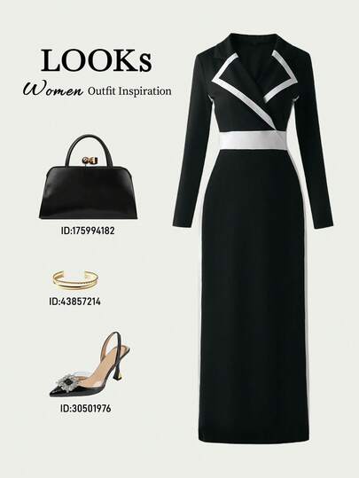 Chiquease Black And White Geometric Paneled Lapel Long-Sleeve Dress | Waist-Sculpting Bodycon Long Dress, Retro-Inspired Elegant Piece With Timeless Charm For Office Commute & Sophisticated Evening Galas Dress For Work Dinner Outfit For Women Dress For Church Woman Funeral Outfit For Women 90s Outfits For Women