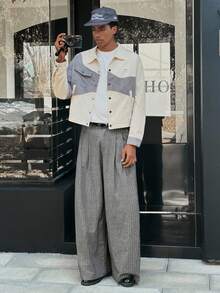 SWAVVY Men's Fashionable Versatile Commuter Striped Wide Leg Pants Pleated Pants Grey Pants - Light Grey - View 5