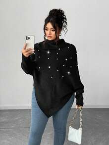 Elenzga Plus Size Women Winter Asymmetrical High Neck Long Sleeve Fashionable Sexy Pearl Solid Pullover Sweater - Black - View 1