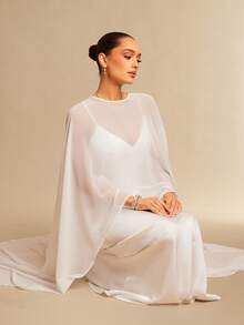 Silquee Váy voan đuôi cá viền satin màu trơn thanh lịch dành cho nữ - trắng - Xem 3