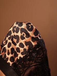 2pcs Leopard Print Lace Patchwork Black Bodysuit, Paired With Sexy Mini Skirt, Cleavage Enhancing Slim Fit Design To Showcase Wild And Alluring Femininity ClassicAnimalPrint Leopard Print Lingerie Plus Size Corsets Cheetah Print Corset Cheetah Print Lingerie Lingerie Sexy Dress - Multicolor - View 4