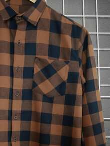 Camisa masculina estilo vintage cuadritos americana, algodón cómodo y suave, sin estampado, corte holgado, de manga larga, ideal para otoño e invierno, fácil de combinar en uso diario y casual - Caqui - Ver 5
