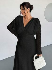 Firerie Đầm xòe dài tay cổ chữ V, eo nhún bèo, chất liệu vải dệt thanh lịch dành cho nữ cỡ lớn, kiểu dáng thoải mái và dễ chịu cho kỳ nghỉ, mùa thu/đông. - màu đen - Xem 4