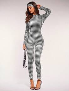 Radiana Women's Houndstooth Printed Casual Unitard Cropped Long Sleeve Zipper Design Stand Collar Jumpsuit - Multicolor - View 3