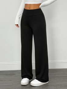 SHEIN PETITE 2pcs Women Casual High Waist Fold-Over Wide Leg Straight Pants, Suitable For Summer - Black - View 4