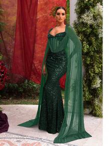 Glamrae Elegante y lujoso albornoz de sirena con mangas largas, bordado de lentejuelas negras, cierre de cremallera en la espalda, cintura ajustada y falda acampanada, adecuado para bodas, galas, eventos formales, conciertos y otras ocasiones para damas de alta gama - Verde Oscuro - Ver 4