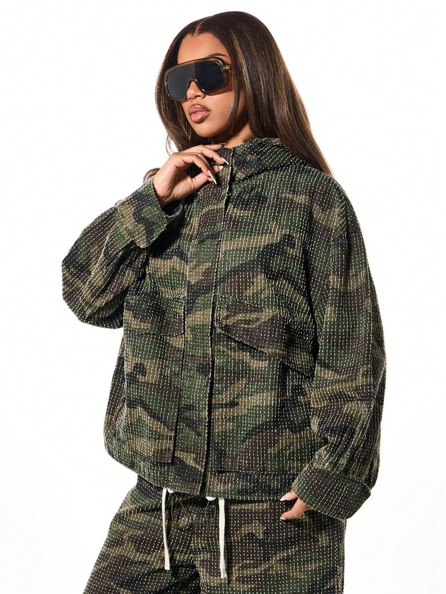 SUMWON WOMEN Oversized Hooded Camouflage Denim Jacket With Zip Closure And Textured Military Print For Casual Streetwear Fall Winter Outerwear - Army Green - View 1