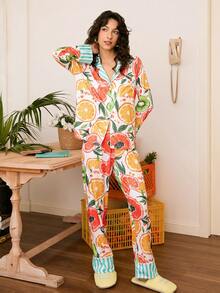 Chillnights Young INS 水果印花休闲撞色条纹纽扣长裤长袖女式睡衣套装 - 彩色 - 查看 5