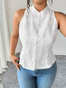 Elenzga Plus Size New Chinese Style Chinese Chic Hollow Out Jacquard Design Top White Elegant Top Women Blouses Summer - White - View 2