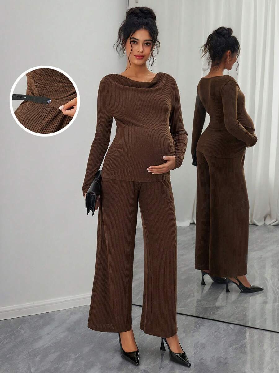 SHEIN Elegant Casual Loose Camel Ribbed Knit Top And Pants Maternity Two Pieces Set, Suitable For Commuting In Spring And Autumn - Coffee Brown - View 1