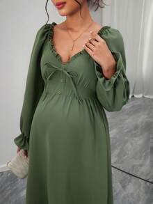 SHEIN V-Neck Long Sleeve Ruffle Trim Tie Front Maternity Dress - Apricot - View 7