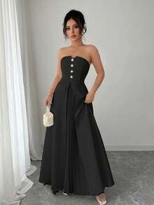 Elenzga Váy dài vừa phải thanh lịch tối giản có túi giả viền xếp ly trang trí kim loại cỡ tiêu chuẩn dành cho nữ - màu đen - Xem 5