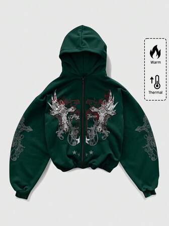 Goth Felpa con cappuccio casual da uomo con stampa a croce, autunno/inverno