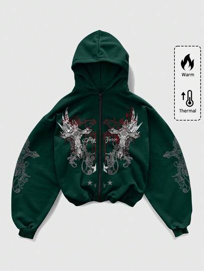 Goth Felpa con cappuccio casual da uomo con stampa a croce, autunno/inverno