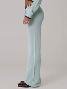 MUSERA Quần ống rộng cạp cao có dây rút, phối sọc tương phản, chất liệu dệt kim, kiểu dáng giản dị, dễ thương, thích hợp mặc mùa đông, ấm áp như trong phim Coco Cloud. - Màu xanh nhạt - Xem 3