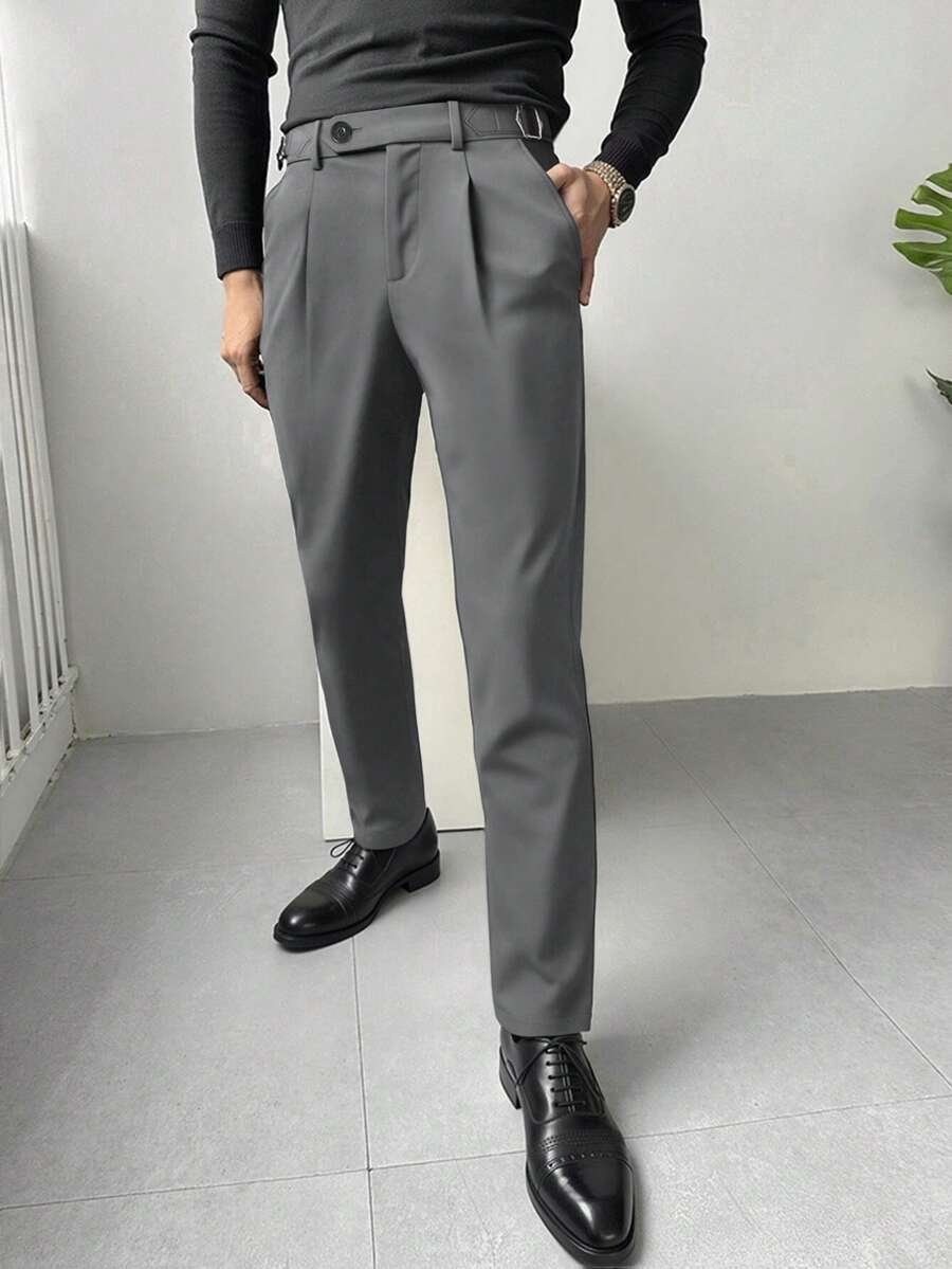 Calvornis Men's Black Suit Pants, Waistband Design, Business Casual Straight Leg Trousers - Dark Grey - View 1