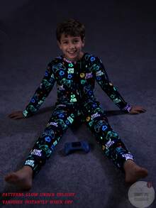 Tween Boys' Video Game Luminous Graphic Front Zipper Long Sleeve Jumpsuit Snug Fit Loungewear - Multicolor - View 5
