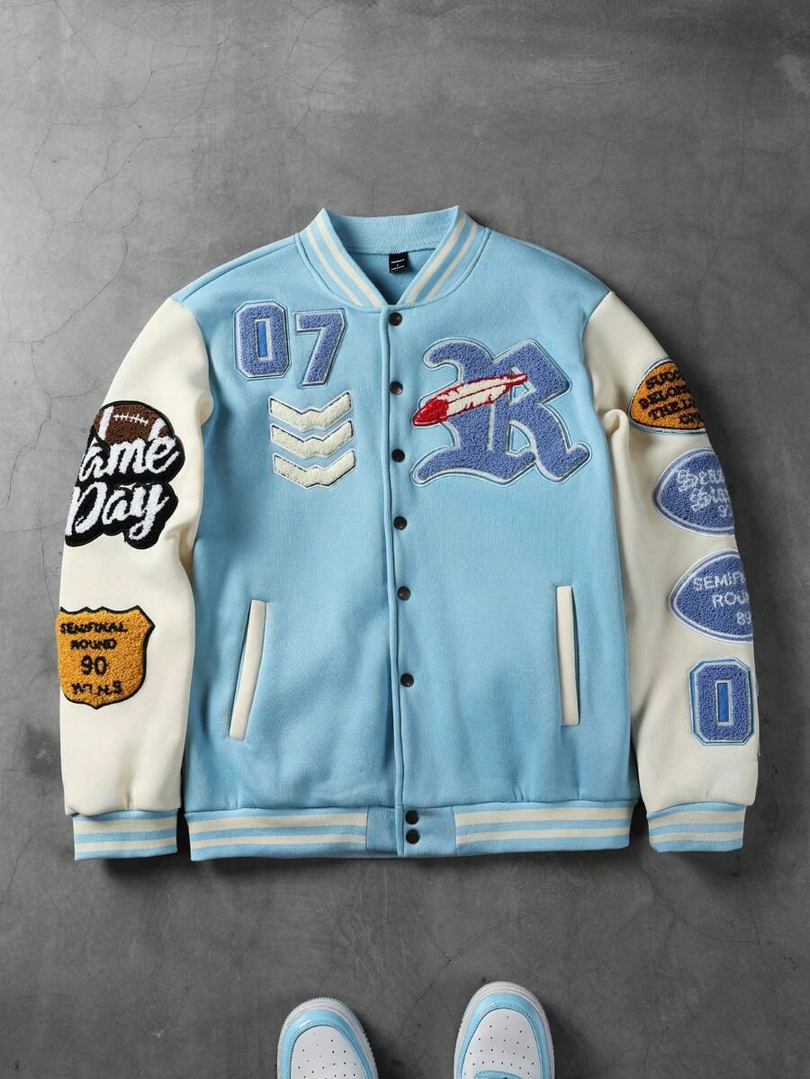 Manfinity EMRG 男士拼接棒球夹克 - 藍色 - 查看 1