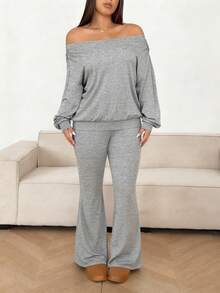 Sunnyshic 大码女式单肩上衣和喇叭裤两件套 - 灰色 - 查看 5