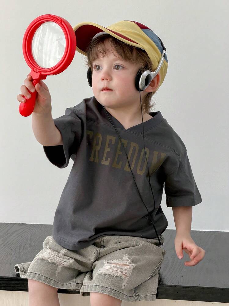 Toddler Boys' V-Neck Letter Print Casual Short Sleeve Top, Summer