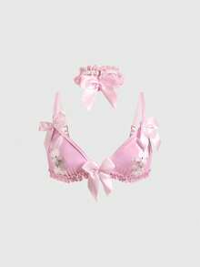 ROMWE Kawaii Cute Bunny Lace Bralette, Thong, Choker & Leg Garter Sexy Lingerie Set, For Valentine's Day