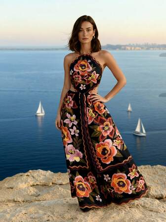 CAJUNI 女士休闲度假热带风情露背无袖系带花卉黑色印花长连衣裙，约会之夜连衣裙