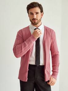 Manfinity Homme Cárdigan casual minimalista de unicolor para hombre - Rosado Sandía - Ver 4