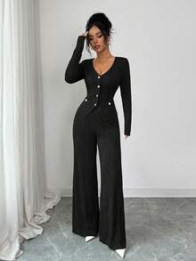 Elenzga 女士咖啡棕色纹理V领开衫，珍珠纽扣设计，长袖上衣，优雅、精致、性感，非常适合作为生日礼物、约会、旅行、独立日、网络星期一、万圣节、光棍节、返校派对、单身派对、节日穿着。 - 黑色 - 查看 5