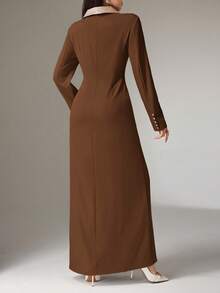 Heiryn Váy dài tay tối giản màu tương phản dành cho nữ, trang phục thường ngày - Cà phê nâu - Xem 4