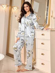 LuxeNights Blumen-Muster Seide-ähnliches Schlafanzug-Set mit Kragen und Langarm für Frauen - Grau - Übersicht 5