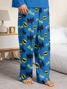 BATMAN X SHEIN Men's Bat Print Drop Shoulder Loose Long Sleeve Top And Pants Loungewear Set, Spring/Autumn - Blue - View 3