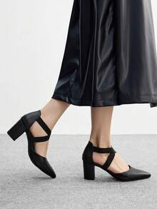 CUCCOO BIZCHIC Women's Fashion Black Elastic Combination Ankle Strap Pointed Toe Chunky High Heel Pumps, Suitable For Commuting, Dating, Party, Wedding, Holiday, Hollow Out - Black - View 3
