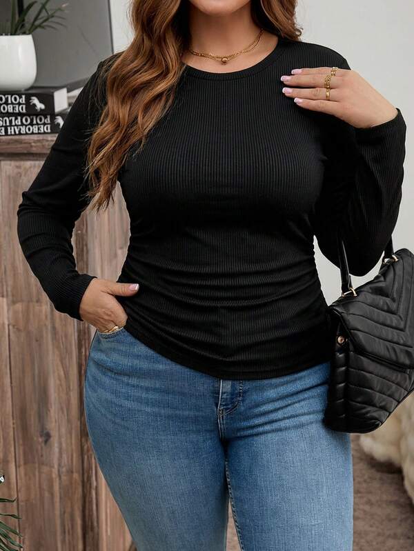 SHEIN LUNE Camiseta de cuello redondo acanalada de manga larga con ajuste ceñido, talla grande, para uso casual diario y días festivos, adecuada para otoño, invierno, Año Nuevo, Día de San Valentín.