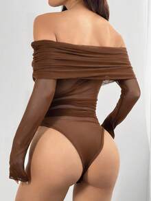 SHEIN EZwear 女士时尚咖啡棕色荷叶边露肩长袖网纱连体衣