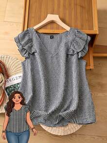 SHEIN LUNE Women Gingham Ruffle V-Shape Neck Sleeve Shirt