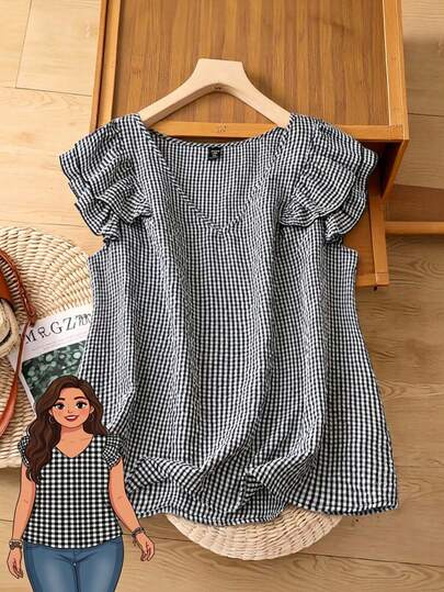 SHEIN LUNE Women Gingham Ruffle V-Shape Neck Sleeve Shirt