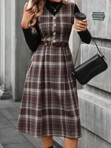 SHEIN LUNE Brown Plaid Cinched Waist Mid-Length Sleeveless Casual Dress For Women Dresses For Women Plaid Skirt Casual Dress For Women Casual Long Dress Casual Outfit For Women,Casual - Multicolor - View 5