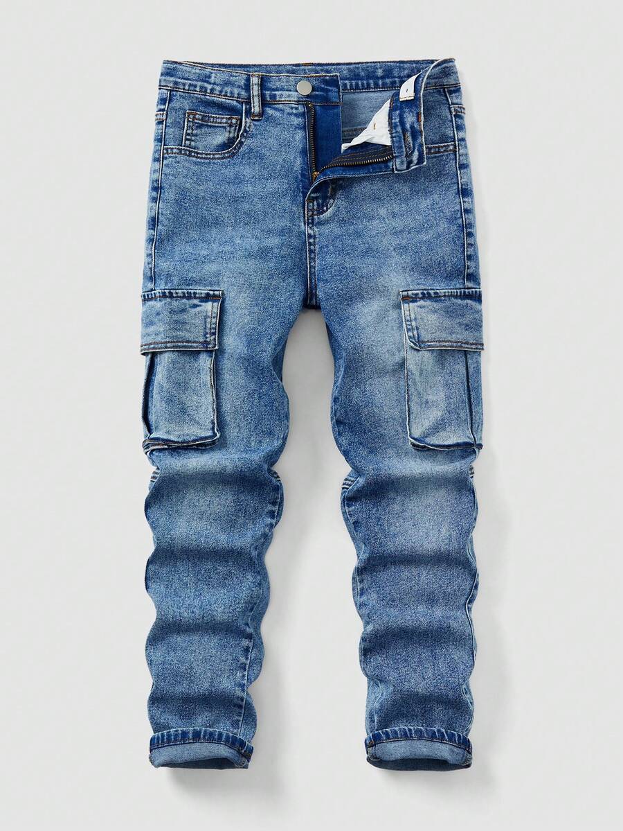 بنطلون جينز أزرق مغسول للأولاد من سن 8 إلى 12 سنة، جيوب كارجو، خصر مطاطي، قماش جينز مطاطي ناعم، مناسب للمشي في المدينة، الموضة اليومية، الإطلالات اليومية، الخروجات، السفر، التجمعات، وصول جديد - أزرق متوسط - مشاهدة 1