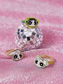 THE POWERPUFF GIRLS X SHEIN Set de anillos con estampado de patrones de dibujos animados populares, elegante y con estilo, adecuado para fiestas, conciertos y festivales - Dorado - Ver 2