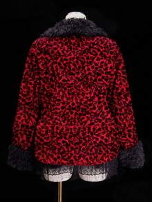 Sunspun Christmas Fashionable Faux Fur Collar Black & Red Leopard Print Fluffy Punk Goth Mid-Length Jacket - Multicolor - View 2