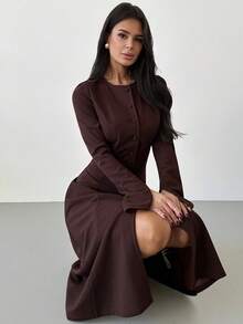 Firerie 女士优雅浪漫休闲日常通勤连衣裙，棕色针织面料，收腰长袖A字修身长裙，春秋冬新款，教师装，复古风，优雅通勤装，工作装，精致约会之夜，家庭聚会，假日出游 - 棕色 - 查看 4