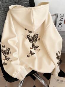 Resyla 大码女式豹纹蝴蝶印花套头卫衣，时尚街头风 - 杏色 - 查看 1