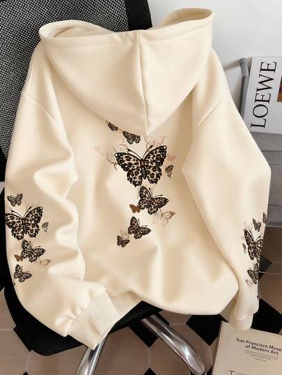 Resyla Plus Size Women's Leopard & Butterfly Print Pullover Sweatshirt Sweatshirt, Fashionable Street Style