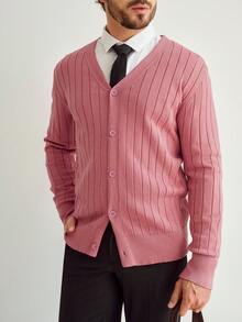 Manfinity Homme Cárdigan casual minimalista de unicolor para hombre - Rosado Sandía - Ver 2