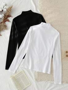 Tseoso 2pcs Women High Neck Tight Fit Long Sleeve Base Layer T-Shirt Set,White And Black,Winter,Casual,School,Back-To-School,95% Cotton Turtleneck Mock Tops - Multicolor - View 2