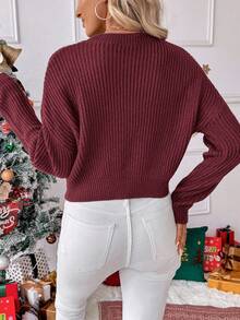 EMERY ROSE Women's Crew Neck Drop Shoulder Long Sleeve Letter Knit Sweater - Red - View 2
