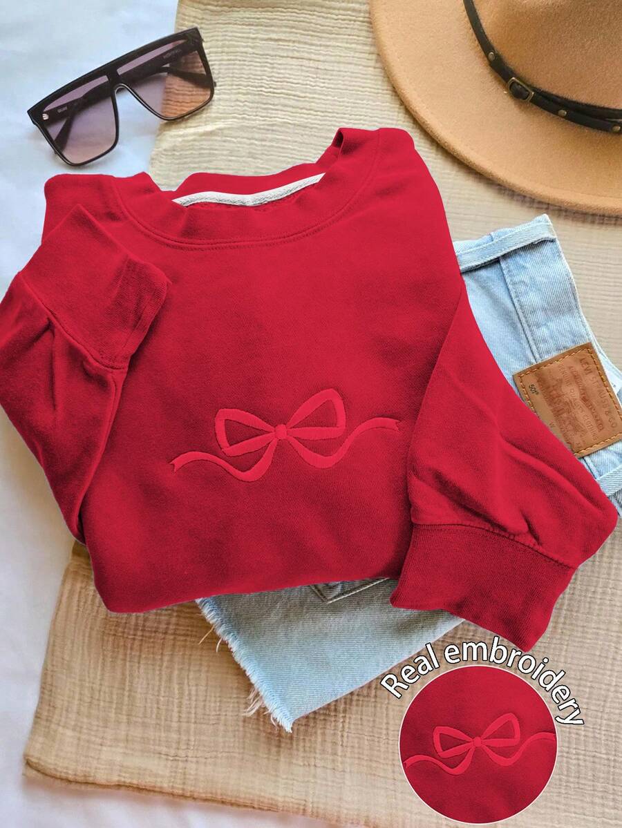 INAWLY Sudadera casual de mujer de unicolor con lazo y manga larga - Rojo - Ver 1