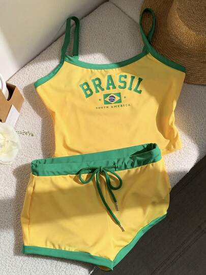 Comfortcana Brazilian Flag Colored Tank Top And Ultra Short Shorts Set