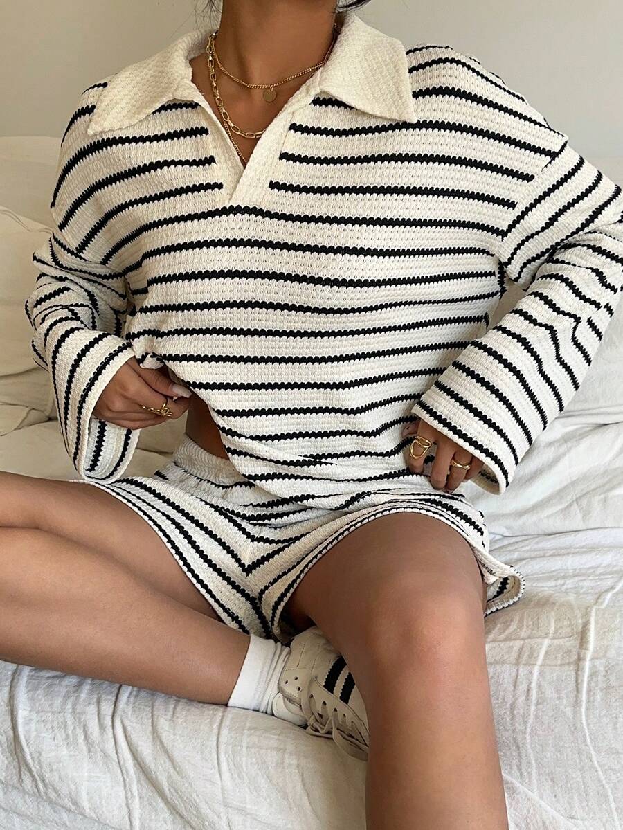 Siren Gaze Women's Striped Lapel Drop Shoulder Long Sleeve T-Shirt And Shorts Casual 2-Piece Set Striped Set Spring - Multicolor - View 1